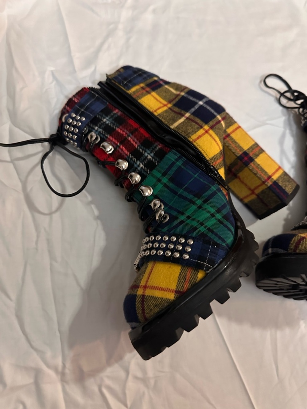 Jeffrey Campbell Plaid Studded Lace-Up Block Heel Boots - Yellow/Green/Blue - Picture 4 of 10